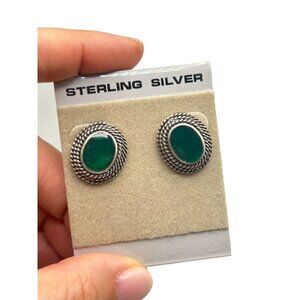 Sterling Silver Stud Earrings with Green Stone Oval Pierced 3/4" Elegant Jewelry